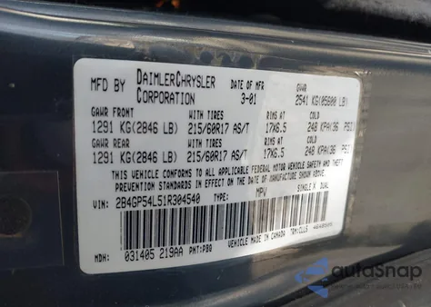 2001 Dodge Grand Caravan Es z USA, uszkodzony, nr VIN 2B4GP54L51R304540